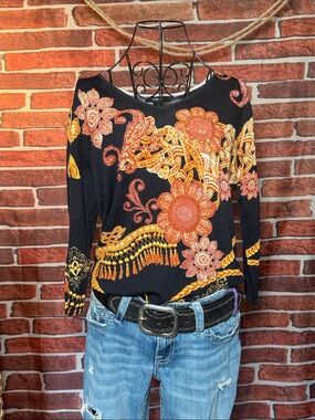 👚 CDP & Co Box Baroque Sequins Sweater Y2K — Black/Gold — Sz Large / A